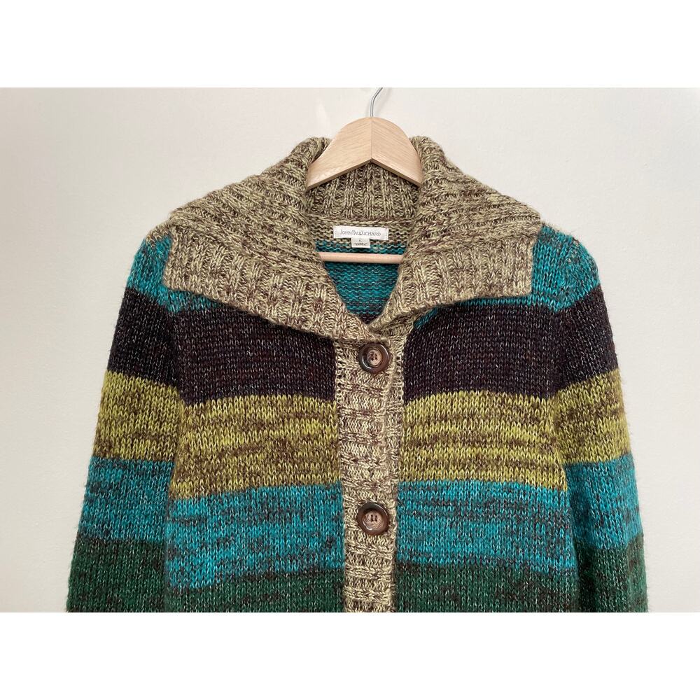 y2k JohnPaulRichard Striped Cardigan Sweater Womens L Green Button-Front Duster - Picture 8 of 16
